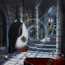 Mounted Miniature Drac-Ewe-La, by Simon Clarke. Mounted Miniature Print, Drac-Ewe-La, by Simon Clarke. A fun picture of a sheep playing Count Dracula in his castle. A dog is outside the window with two bones made into a cross. 