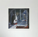 Mounted Miniature Print, Drac-Ewe-La, by Simon Clarke. A fun picture of a sheep playing Count Dracula in his castle. A dog is outside the window with two bones made into a cross. 