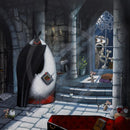 Mounted Miniature Drac-Ewe-La, by Simon Clarke. Mounted Miniature Print, Drac-Ewe-La, by Simon Clarke. A fun picture of a sheep playing Count Dracula in his castle. A dog is outside the window with two bones made into a cross. 