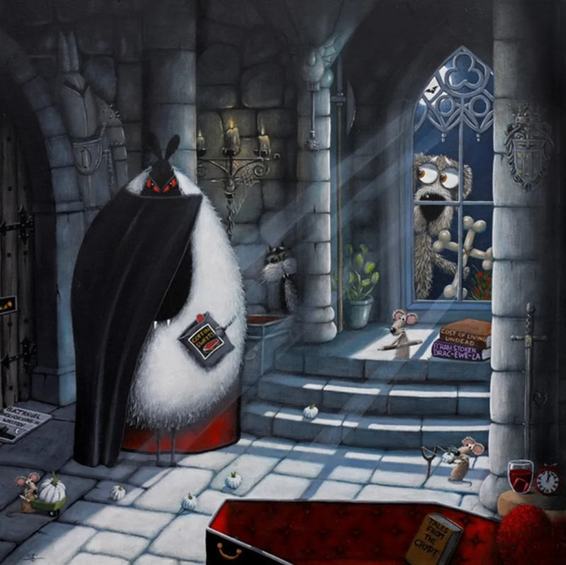 Mounted Miniature Drac-Ewe-La, by Simon Clarke. Mounted Miniature Print, Drac-Ewe-La, by Simon Clarke. A fun picture of a sheep playing Count Dracula in his castle. A dog is outside the window with two bones made into a cross. 