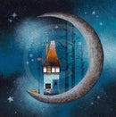 My Quiet Place by Gary Walton — whimsical cottage perched on a crescent moon in a starry teal night sky, with bare winter trees behind and a sleeping fox curled at the base, warm light glowing from the cottage windows