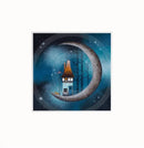 A square art print featuring a whimsical illustration of a small house with a brown roof perched on a large crescent moon, set against a starry blue night sky. The print is centered on a clean white background.