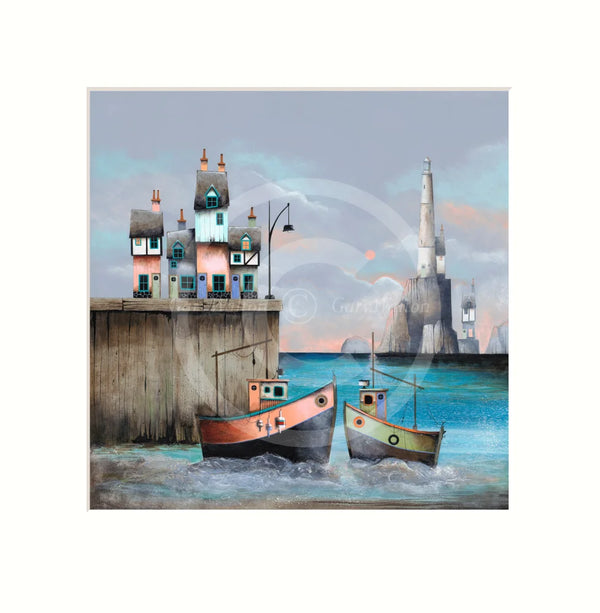 Fishing boats at a dock with houses and a lighthouse in the background