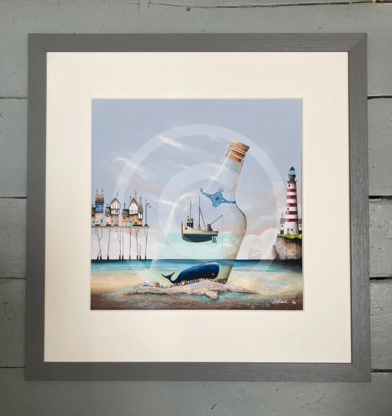 Noah and the Whale by Gary Walton Limited Edition Print, whimsical seaside print of a whale and ship inside a bottle