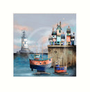 Painting of a lighthouse, boats, and houses on a dock with a gray sky.