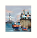 Painting of a lighthouse, boats, and houses on a dock with a gray sky.