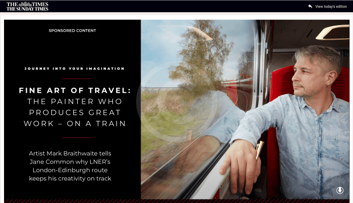 Mark Braithwaite in The Times with LNER; photo credit Nick Wilson