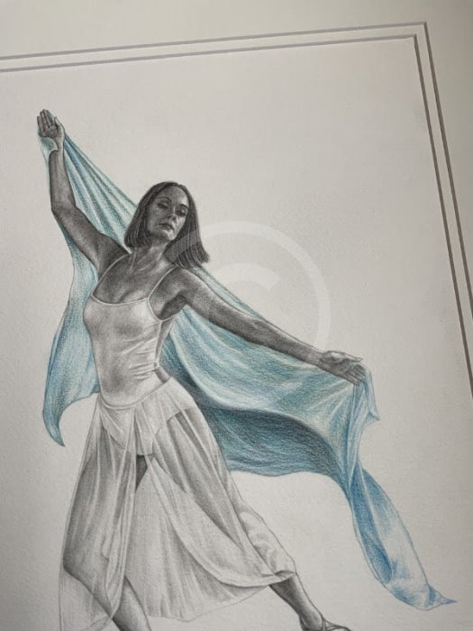 Dégagé in Pale Blue, Original Drawing by Mark Braithwaite - Dancer Drawing