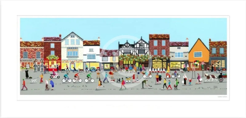 York, Within the Walls art print by Linda Mellin. A contemporary colourful street scene featuring quirky shops and the hustle and bustle of the City of York. 