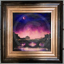 Framed painting of a bridge under a purple night sky with a moon.