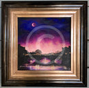 Framed painting of a bridge under a purple night sky with a moon.