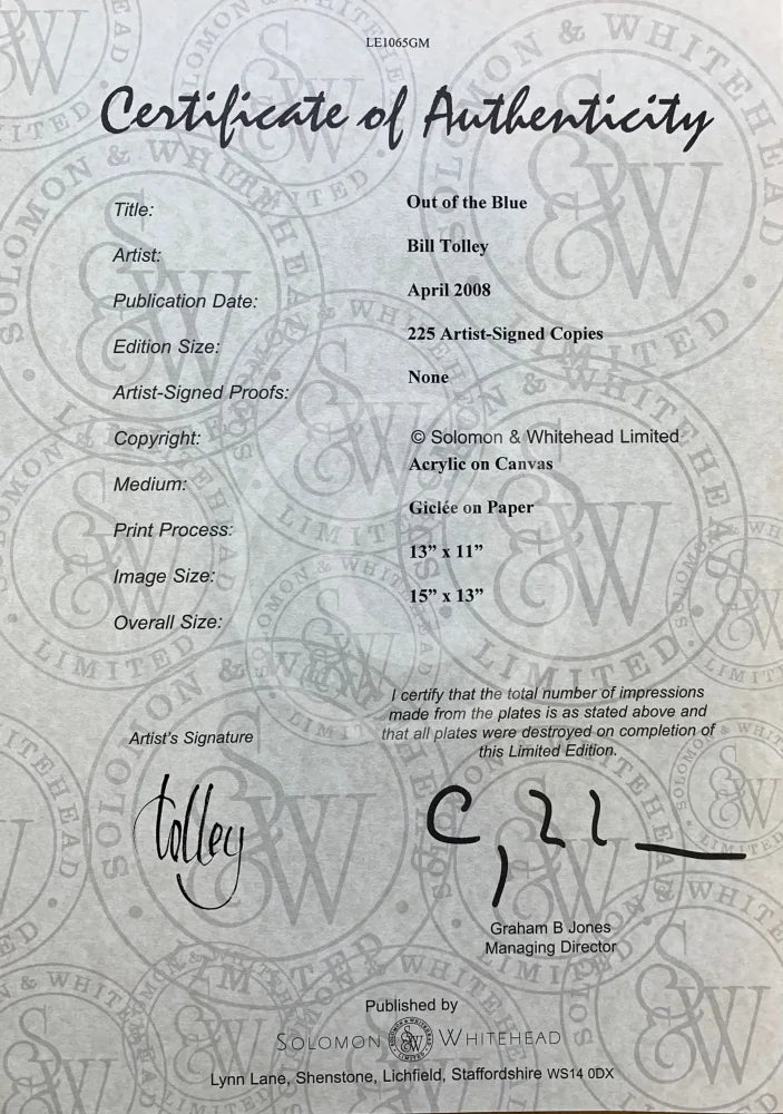 Certificate of Authenticity for an artwork by Bill Tolley with a gray background and text.