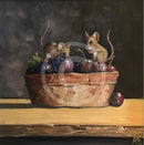 Painting of two mice with plums in a terracotta pot on a dark background