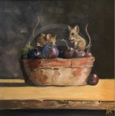 Painting of two mice with plums in a terracotta pot on a dark background