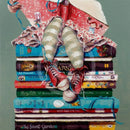 Pretty in Pink by Amanda Stratford Book Cover Art Limited Edition Print.  A girl sits atop a pile of iconic classic childhood books. 