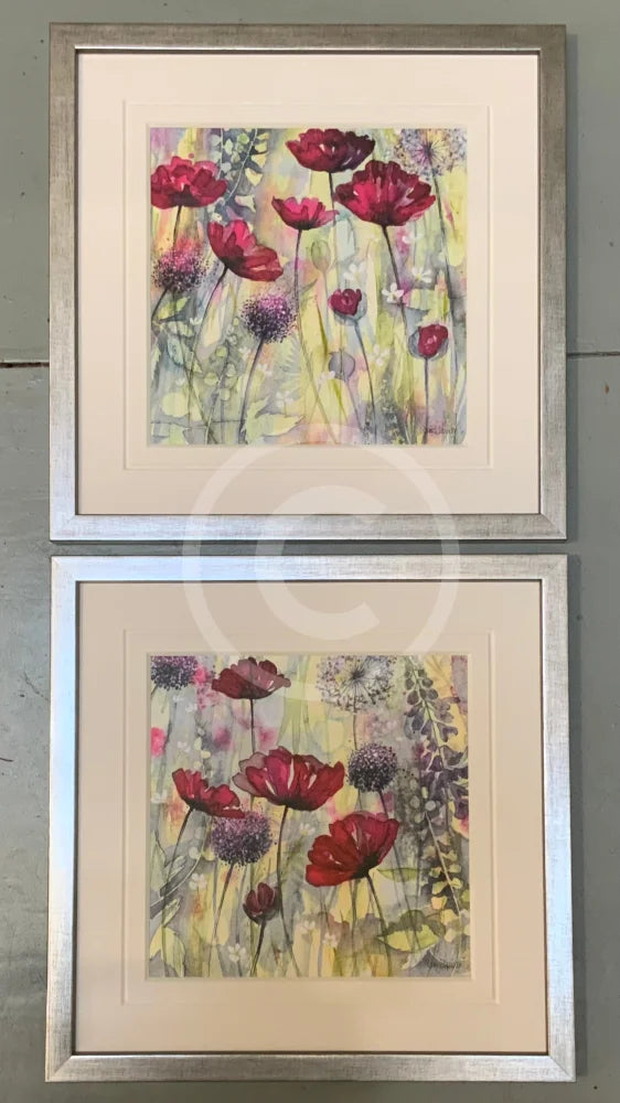 Raspberry Poppies I and 2 by Catherine Stephenson Mounted Miniature framed in pewter cube