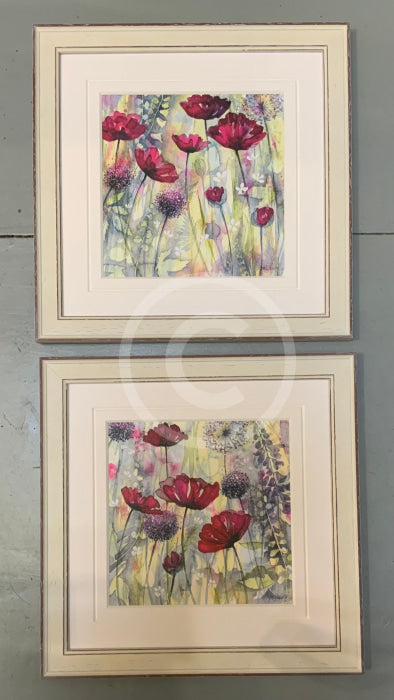 Raspberry Poppies I and 2 by Catherine Stephenson Mounted Miniature Art Print framed in Distressed pastel white