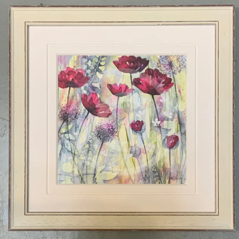 Raspberry Poppies I by Catherine Stephenson Mounted Miniature Framed in Distressed pastel white