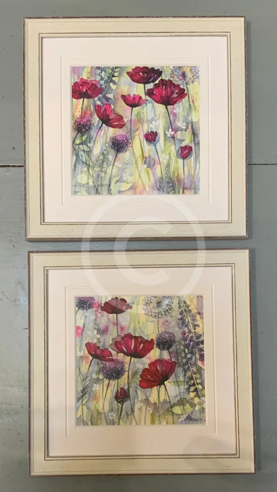 Raspberry Poppies 1 and 2 by Catherine Stephenson Mounted Miniature Art Print framed in Distressed pastel white 
