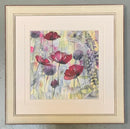 Raspberry Poppies II by Catherine Stephenson Mounted Miniature Framed in Distressed Pastel white 