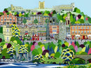 Landscape art print of Richmond in North Yorkshire by Linda Mellin. A colourful contemporary picture for the home features local landmarks including Richmond Castle. 
