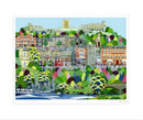 Landscape art print of Richmond in North Yorkshire by Linda Mellin. A colourful contemporary picture for the home features local landmarks including Richmond Castle. 
