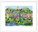 Landscape art print of Richmond in North Yorkshire by Linda Mellin. A colourful contemporary picture for the home features local landmarks including Richmond Castle. 

