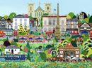 Ripon by Linda Mellin. A colourful, contemporary landscape art print featuring lots of Ripon’s local landmarks including Ripon Cathedral, Ripon Racecourse. Modern home decor. 