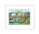 Ripon by Linda Mellin. A colourful, contemporary landscape art print featuring lots of Ripon’s local landmarks including Ripon Cathedral, Ripon Racecourse. Modern home decor. framed.