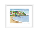 Runswick Bay by Linda Mellin. A Yorkshire coast colourful, contemporary art print of Runswick Bay. Perfect home decor idea for a lover of the seaside. framed in white