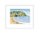 Runswick Bay by Linda Mellin. A Yorkshire coast colourful, contemporary art print of Runswick Bay. Perfect home decor idea for a lover of the seaside. framed in white