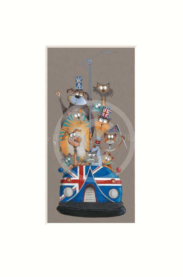 Decorative panel with cartoon animals on a bus, featuring British flags, against a taupe background.