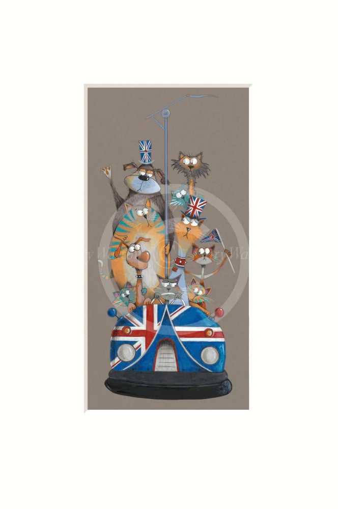 Decorative panel with cartoon animals on a bus, featuring British flags, against a taupe background.