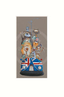 Decorative panel with cartoon animals on a bus, featuring British flags, against a taupe background.