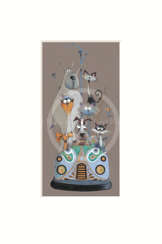 Illustration of dogs and cats on a vintage car with a taupe background