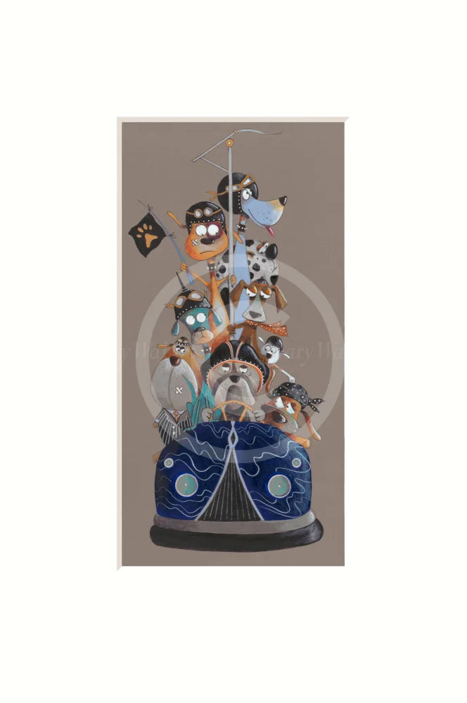 Decorative piece with cartoon dog characters on a dodgem car against a taupe background