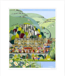 A colourful contemporary landscape art print of the Yorkshire Dales town of Settle by Linda Mellin. Modern landscape wall art idea for the home. 