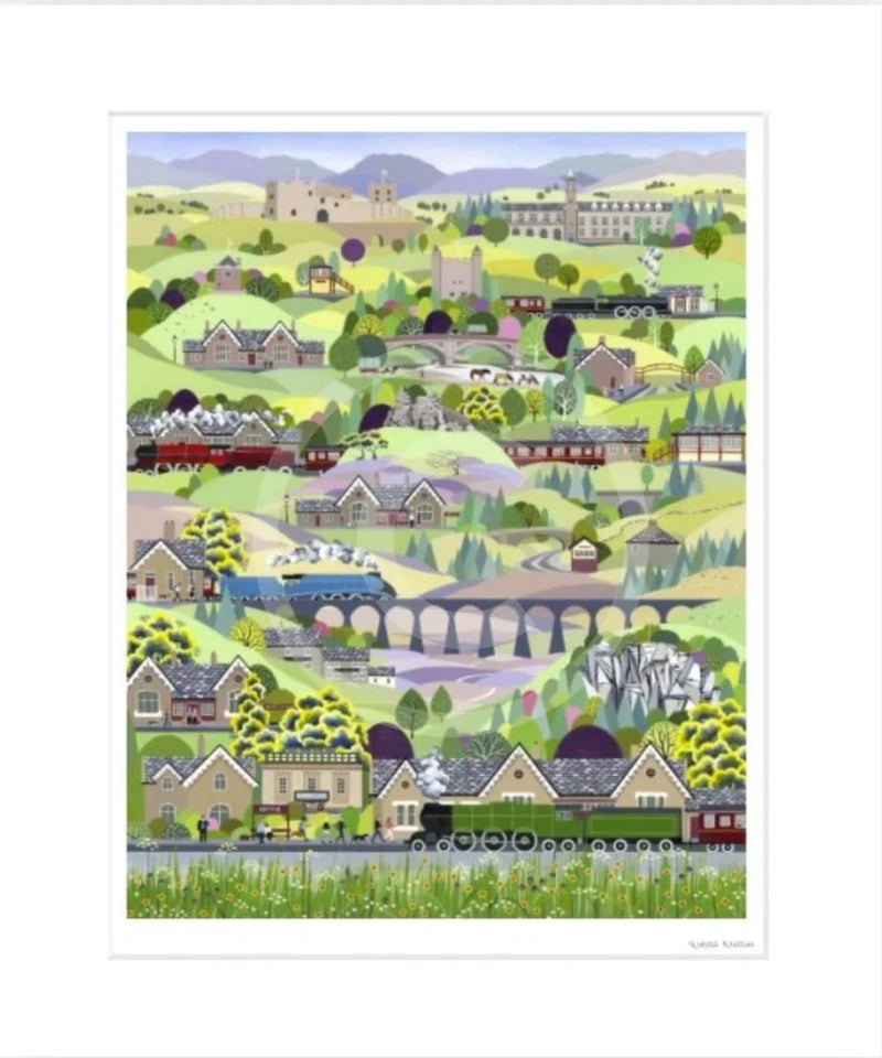Settle to Carlisle Railway, art print by Linda Mellin. The contemporary picture includes: Flying Scotsman, Mallard & Galatea steam trains. Gift for train enthusiasts. 
