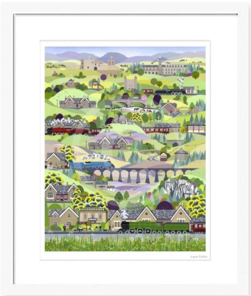 Settle to Carlisle Railway, art print by Linda Mellin. The contemporary picture includes: Flying Scotsman, Mallard & Galatea steam trains. Gift for train enthusiasts. 