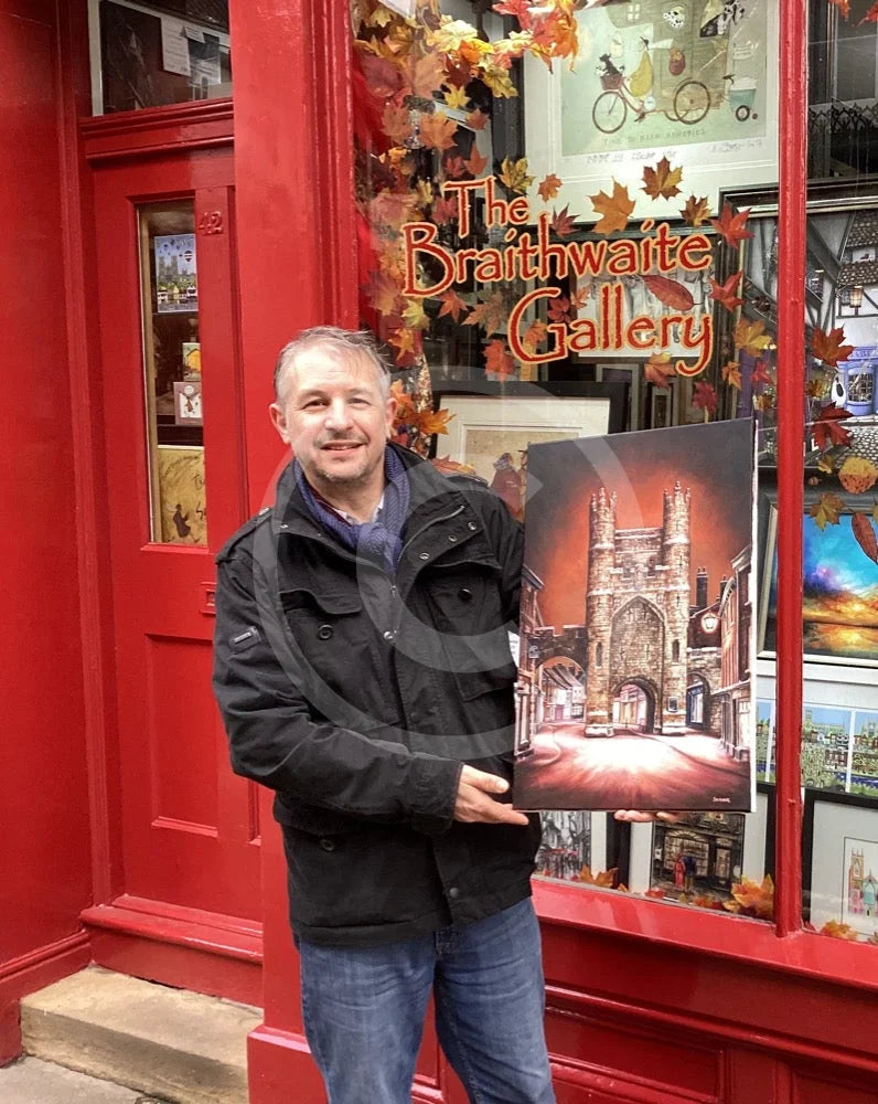 Artist Mark Braithwaite with his painting Silent Night, Monk Bar