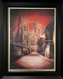 Framed artwork of York Minster at night with a snowy street.