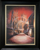 Framed artwork of York Minster at night with a snowy street.