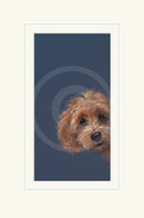 Mounted artwork of a dog peeping around the corner on a dark blue background