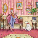 So Then She Said by Dotty Earl — a tall auburn-haired figure in lavender trousers draped across a pink chaise longue with a cocktail and a rotary telephone in a nostalgic pink sitting room, her little white dog sitting beside her with his lead in his mouth, waiting
