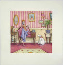 So Then She Said by Dotty Earl — a tall auburn-haired figure in lavender trousers draped across a pink chaise longue with a cocktail and a rotary telephone in a nostalgic pink sitting room, her little white dog sitting beside her with his lead in his mouth, waiting - mounted