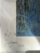 A printed artwork page showing a blue and green abstract painting on the right and a pencil sketch on the left, with the text 'Barefoot in the Bluehills by Sam Toft' and a signature visible.