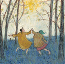 Barefoot in the Bluebells Gallery Remarque Edition by Sam Toft — Ernest and Violet dancing hand in hand through a carpet of bluebells under a sunny sky, mounted fine art print with hand-drawn remarque by Sam Toft