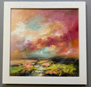 Framed abstract landscape painting with colorful sky and earth tones.