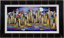 Colourful harbour painting with boats on a body of water, framed in black.