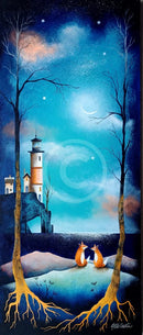 Two foxes by a lighthouse under a starry sky